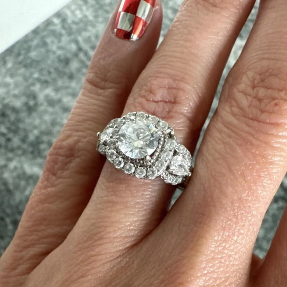 Silver Diamond Halo Engagement Ring Set Wedding - Picture 6 of 14